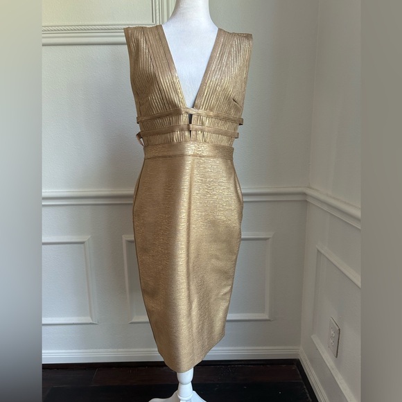 Bebe Gold Bodycon Bandage Metallic Sleeveless Dress, Size L, NWT - Picture 1 of 9